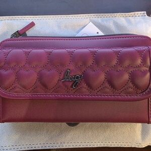 NWT- LUG- SATIN LUXE KICKFLIP SE CROSSBODY WALLET ( Hearts interior)- Raspberry